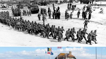 Tentara Jerman yang tertangkap di Pantai Juno sesaat sebelum mereka dideportasi ke Inggris. Di latar belakang, terlihat vila Denise et Roger. Ini adalah salah satu tempat paling terkenal di masa D-Day. Foto: Bored Panda