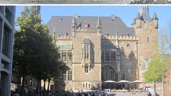 Sisi selatan Balai Kota Aachen di Katschhof pada akhir Perang Dunia II, yang adalah salah satu bangunan terpenting di Aachen. Selama Perang Dunia II, balai kota ini mengalami kerusakan parah karena serangan bom. Pada tanggal 14 Juli 1943, atap dan kedua menara Balai Kota terbakar. Pembangunan kembali dilakukan pada tahun 1950-an. Foto: Bored Panda