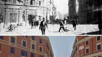 Kondisi San Lorenzo, Roma setelah pemboman sekutu pada 19 Juli 1943 dan situasinya pada saat ini. Foto: Bored Panda