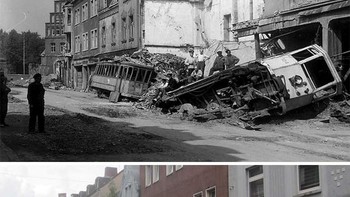 Tram dan rumah yang rusak di Gladbeck, Jerman, pada akhir Perang Dunia II dan kondisinya pada saat ini. Foto: Bored Panda
