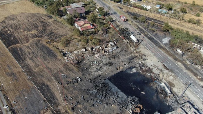 Aerial view of the site of an explosion at a LPG station in Crevedia, near Bucharest, Romania, August 27, 2023. Inquam Photos/George Calin via REUTERS ATTENTION EDITORS - THIS IMAGE HAS BEEN SUPPLIED BY A THIRD PARTY. ROMANIA OUT. NO COMMERCIAL OR EDITORIAL SALES IN ROMANIA