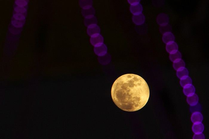 Fenomena Super Blue Moon terlihat di langit Makassar, Sulawesi Selatan, Rabu (30/8/2023). Badan Riset dan Inovasi Nasional (BRIN) mengungkapkan fenomena bulan purnama tersebut terlihat lebih besar dan terang sekitar tujuh persen dibanding bulan purnama biasanya karena bersamaan dengan perigee dan merupakan bulan purnama kedua selama Agustus 2023 sehingga disebut Blue Moon. ANTARA FOTO/Arnas Padda/foc.