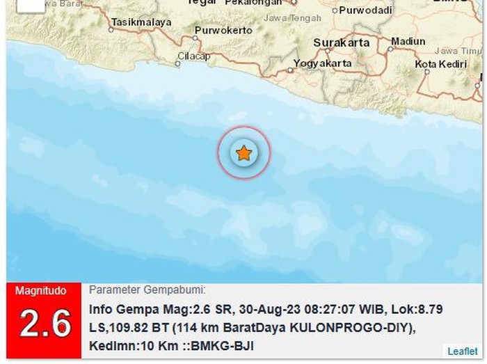 Gempa M 2,6 di Kulon Progo, Rabu (30/8/2023).