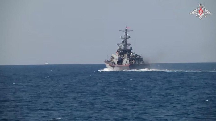 A still image from a video, released by Russias Defence Ministry, shows what it said to be the guided missile ship Ivanovets during drills in the Black Sea, in this image taken from video released July 21, 2023. Russian Defence Ministry/Handout via REUTERS