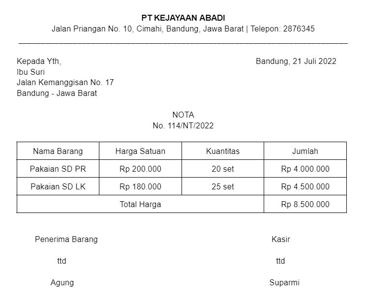 Contoh dan template nota kosong.
