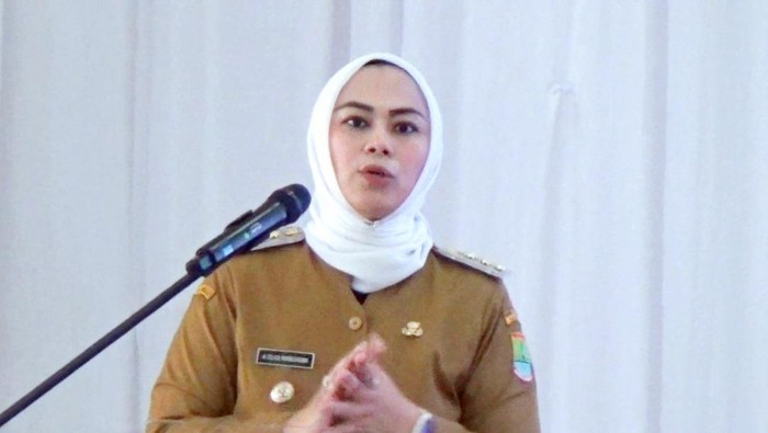 Bupati Karawang Cellica Nurrachadiana, saat memimpin rapat di Aula Husni Hamid, Pemda Karawang, Kamis (31/8/2023.