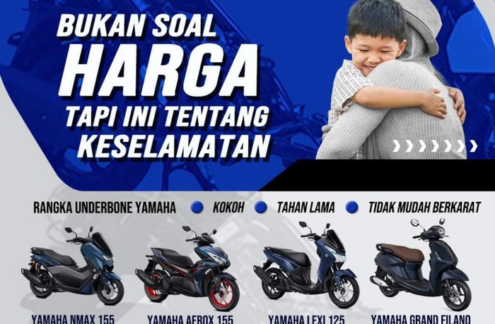 Iklan motor Yamaha yang menjelaskan keunggulan komponen rangka