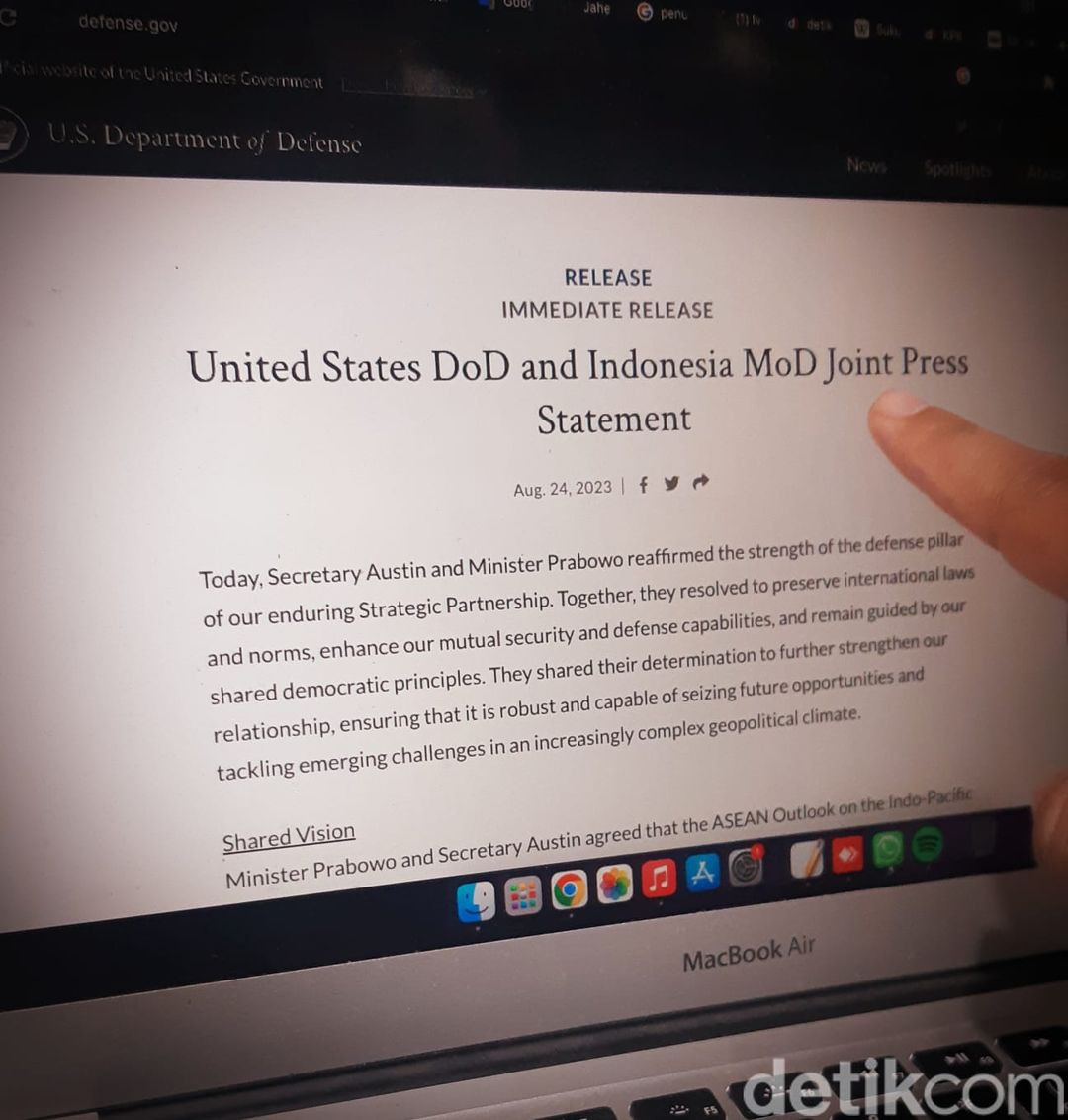 Joint Press Statement antara pihak Menhan AS dengan Menhan RI, di situs web Departemen Pertahanan AS. (Danu Damarjati/detikcom)