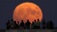 A rare Blue Supermoon rises over Lake Michigan as spectators watch from Chicagos 31st Street beach Wednesday, Aug. 30, 2023. (AP Photo/Charles Rex Arbogast)