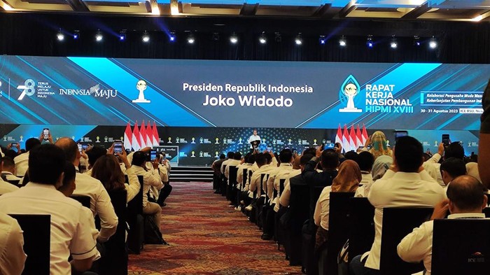 Presiden Joko Widodo (Jokowi) dalam Rakernas ke-XVIII Himpunan Pengusaha Muda Indonesia (HIPMI) (Marlinda-detikcom)