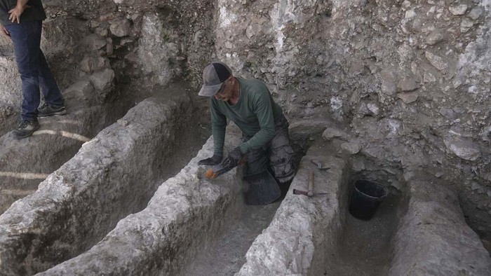The site of a discovery unveiled by Israel's Antiquities Authority - an ancient channel installation, in use around 2,800 years ago – during the First Temple period, in the City of David National Park just outside of the walls of the Old City of Jerusalem, Wednesday, Aug. 30, 2023. (AP Photo/Mahmoud Illean)