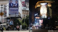 Foto kolase baliho bergambar Anies-AHY sebelum dan sesudah diturunkan di kawasan Senayan, Jakarta, Kamis (31/8/2023) pukul 23.00 WIB.