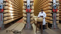 Gabriele Fontana memeriksa microchip yang dimasukkan ke dalam label kode QR yang ditempatkan pada keju parmesan di 4 Madonne Caseificio di Modena, Italia, Kamis (31/8/2023).