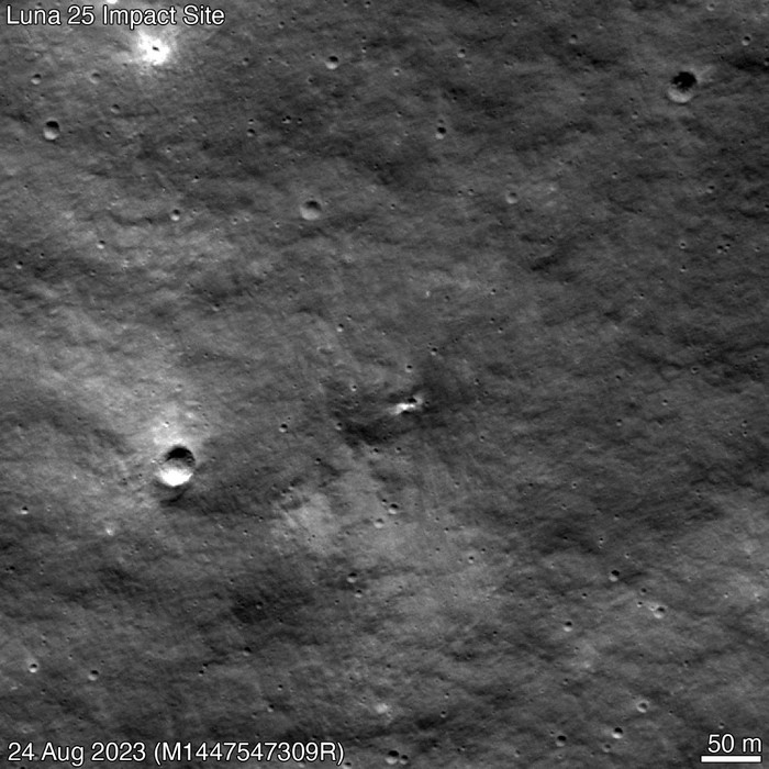 This handout picture taken on August 24, 2023 by the Lunar Reconnaissance Orbiter Camera (LROC) and made available by NASAs Goddard Space Flight Center/Arizona State University on August 31, 2023 shows a new impact crater on the Moons surface (center) likely from Russias Luna 25 mission. The Luna-25 module has crashed on the Earths natural satellite after an incident during pre-landing manoeuvres, the Russian space agency Roscosmos said on August 20, 2023. (Photo by NASAs Goddard Space Flight Center/Arizona State University / AFP) / RESTRICTED TO EDITORIAL USE - MANDATORY CREDIT 