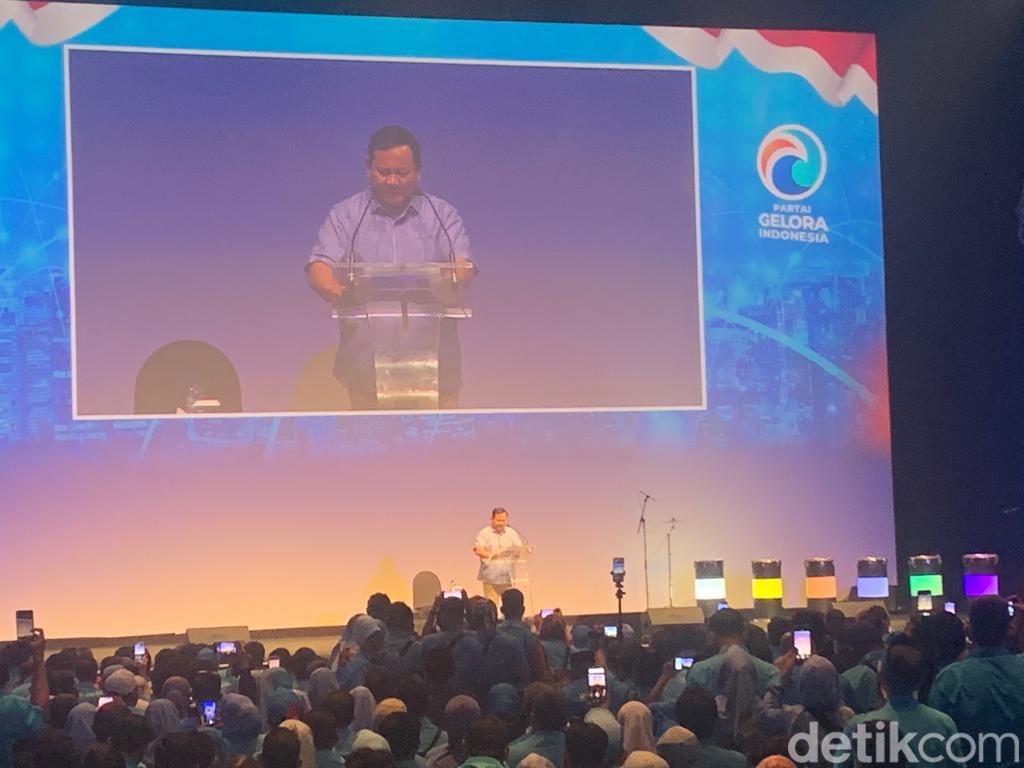 Ketum Gerindra Prabowo Subianto saat sambutan di  acara deklarasi Partai Gelora (Mulia/detikcom).