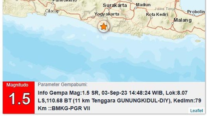 Gempa darat M 1,5 Terjadi di Gunungkidul, Minggu (3/9/2023).