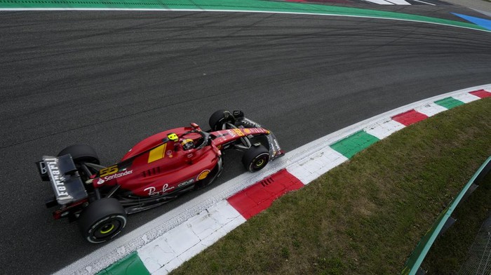 Ferrari driver Carlos Sainz of Spain steers his car during the first practice session ahead of Sundays Formula One Italian Grand Prix auto race, at the Monza racetrack, in Monza, Italy, Friday, Sept. 1, 2023. (AP Photo/Luca Bruno)