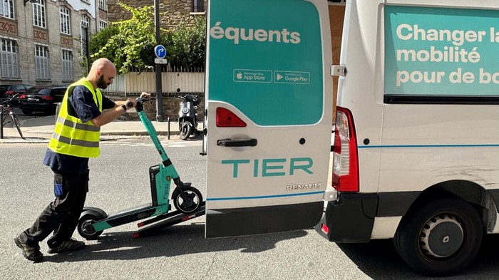 Electric scooter by Tier sharing service are seen in a truck after being removed from a street in Paris as an e-scooter ban is set to take effect in the French capital next week, France, August 23, 2023. REUTERS/Antony Paone