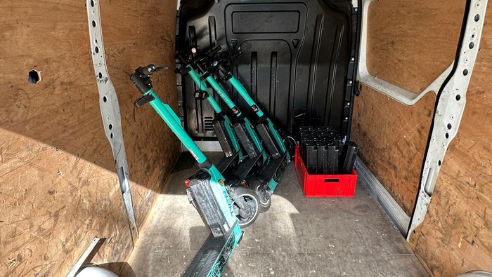 Electric scooter by Tier sharing service are seen in a truck after being removed from a street in Paris as an e-scooter ban is set to take effect in the French capital next week, France, August 23, 2023. REUTERS/Antony Paone