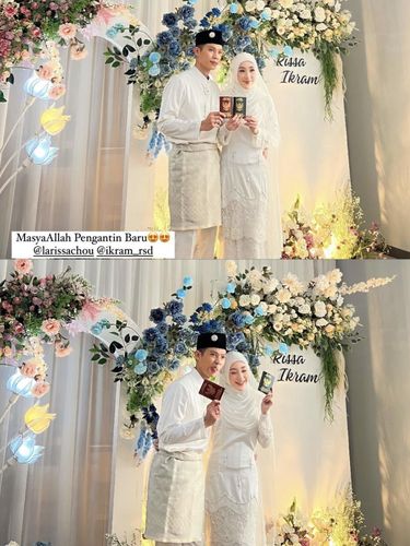 Gaya Larissa Chou menggunakan model hijab dan gaun ala pengantin Melayu.