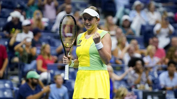 Sep 3, 2023; Flushing, NY, USA; Jelena Ostapenko of Latvia defeats Iga Swiatek of Poland on day seven of the 2023 U.S. Open tennis tournament at USTA Billie Jean King National Tennis Center. Mandatory Credit: Danielle Parhizkaran-USA TODAY Sports