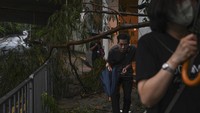 Orang-orang berjalan di antara pohon tumbang usai disapu topan Saola. AP/Billy H.C. Kwok  