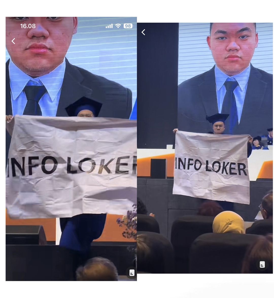 Aksi viral Cleon Levin, wisudawan yang membawa tulisan Info Loker usai menjalani wisuda.