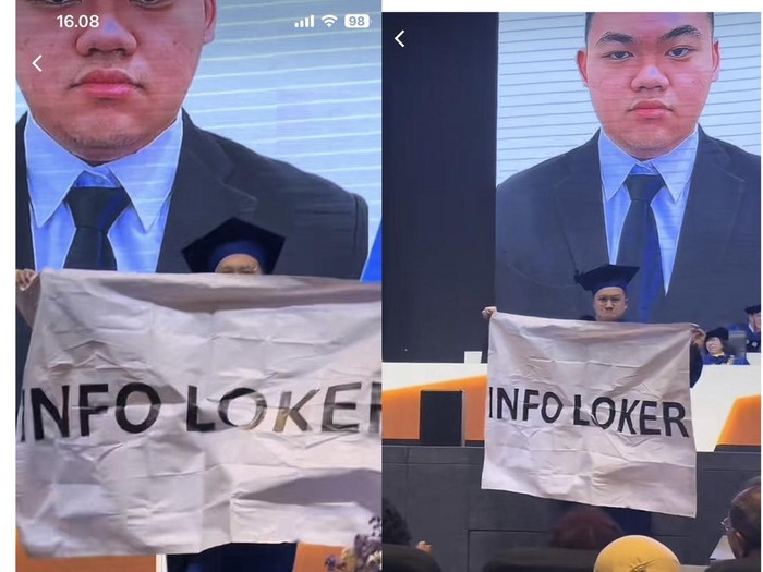 Aksi viral Cleon Levin, wisudawan yang membawa tulisan Info Loker usai menjalani wisuda.