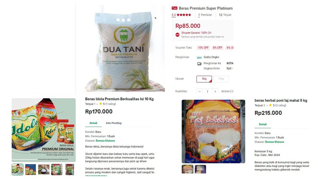 Foto Kolase Beras khusus dan Beras mahal di ecommerce. (Tangkapan Layar Tokopedia dan Shopee)