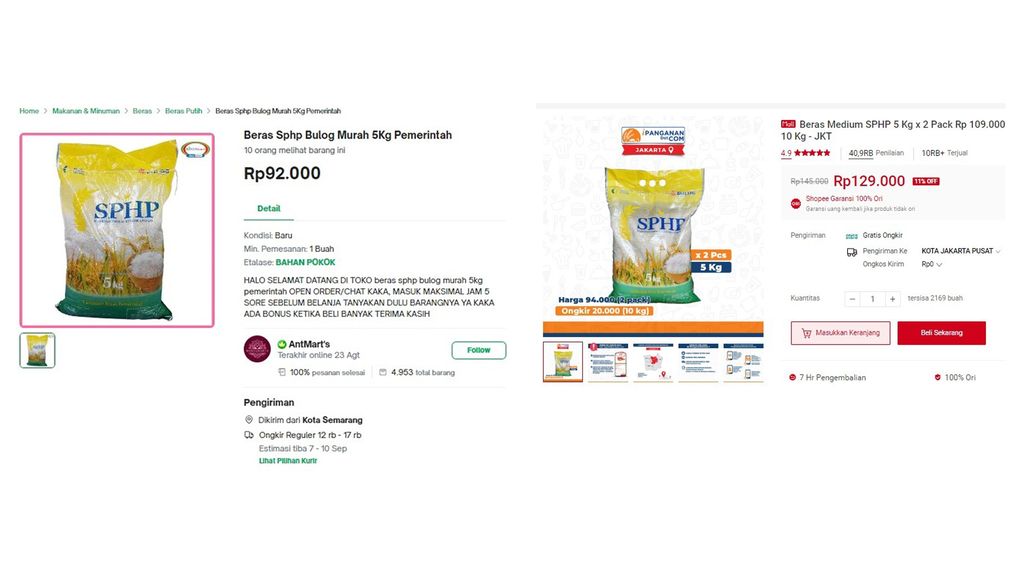 Foto Kolase Harga beras OP Bulog di Ecommerce. (Tangkapan Layar Tokopedia dan Shopee)