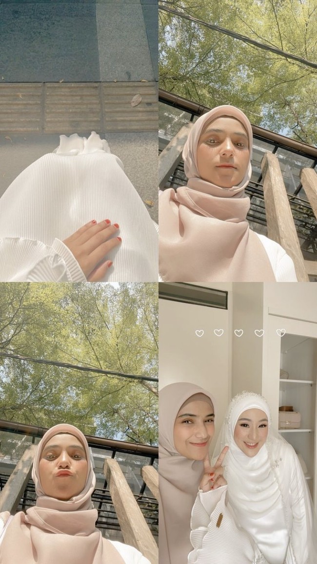 Hijab segi empat warna taupe yang dikenakan Nadya Mustika bergaya syar’i. Aura kecantikannya pun terpancar. Foto: Instagram
