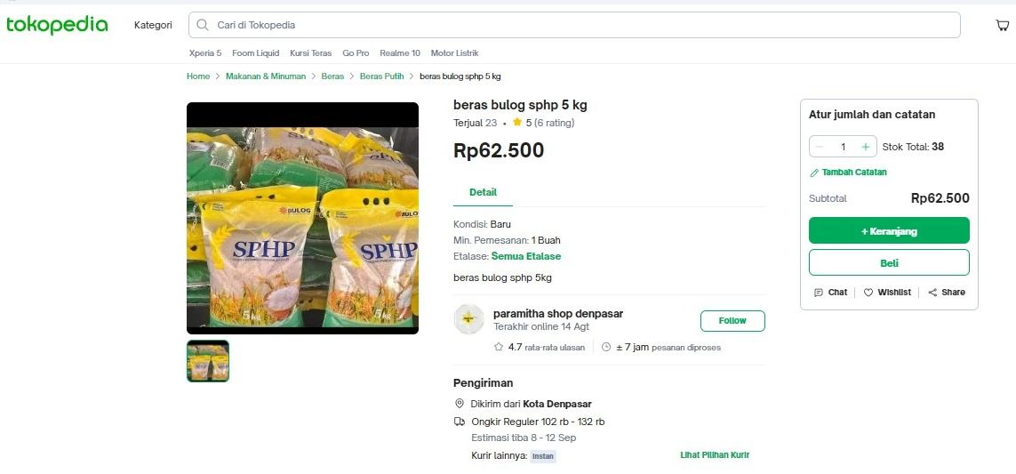 Harga beras OP Bulog di Ecommerce. (Tangkapan Layar Tokopedia)