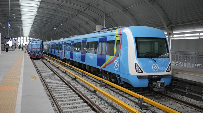 A new Lagos blue line train wait at the terminal in Lagos, Nigeria, Monday, Sept. 4, 2023. Lagos state government on Monday, began its 13km (9 miles) metro blue line services to the public . Officials say The Blue Line Rail is one of the rail projects designed to make Lagos a fully interconnected city and it will transform the city's transport system. (AP Photo/Sunday Alamba)