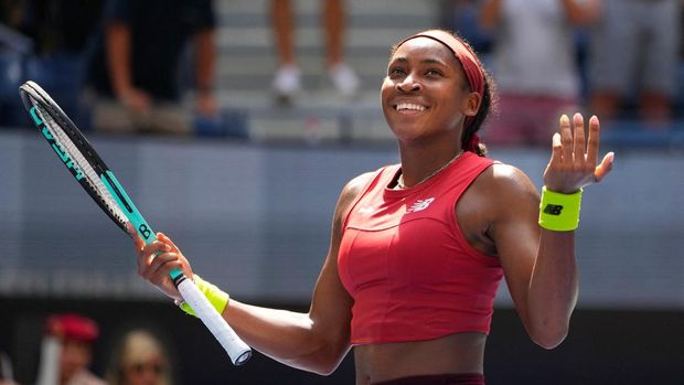 Sept 5, 2023; Flushing, NY, USA; Coco Gauff of the USA after beating Jelena Ostapenko of Latvia on day nine of the 2023 U.S. Open tennis tournament at USTA Billie Jean King National Tennis Center. Mandatory Credit: Robert Deutsch-USA TODAY Sports