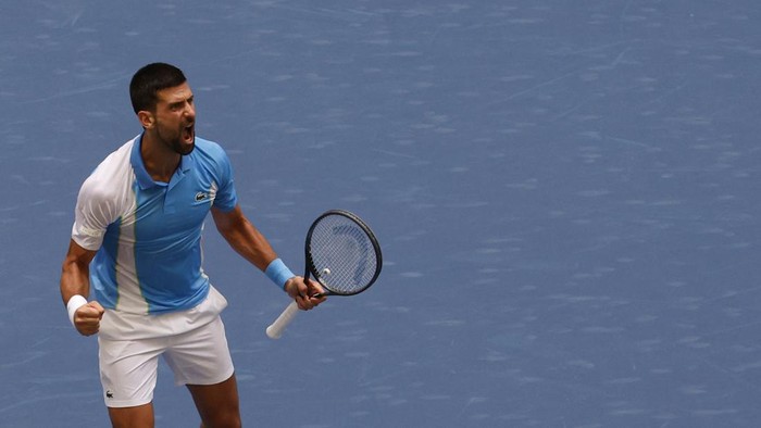 Sep 5, 2023; Flushing, NY, USA; Novak Djokovic of Serbia reacts after wining a point against Taylor Fritz of the United States (not pictured) on day nine of the 2023 U.S. Open tennis tournament at USTA Billie Jean King National Tennis Center. Mandatory Credit: Geoff Burke-USA TODAY Sports