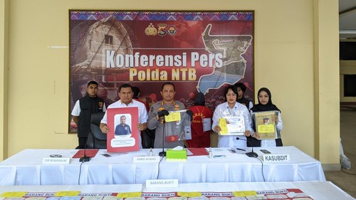 Polda NTB merilis penangkapan pelaku TPPO di Polda NTB, Rabu (6/9/2023).