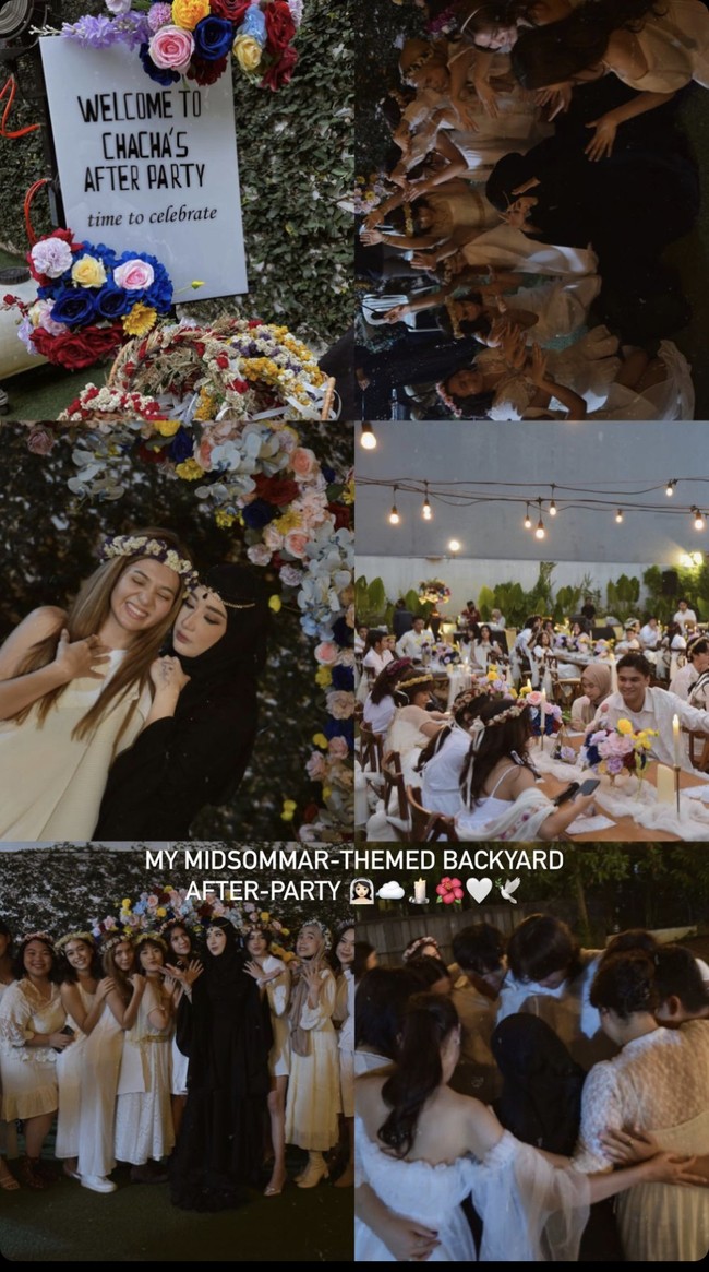 Tengku Syaira Anataya mengabadikan momen after party pernikahannya bersama orang-orang terdekat. Tampak ia mengenakan baju hitam dan tamu lainnya bernuansa putih sehingga terlihat kontras. Foto: Instagram @osnapitzcha 