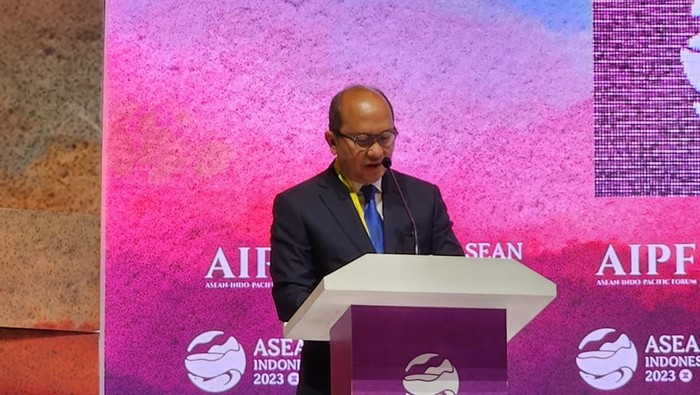 Wakil Menteri BUMN Rosan Perkasa Roeslani berbicara soal transformasi keuangan digital di ASEAN Indo-Pacific Forum (AIPF) 2023 di Jakarta, Rabu (6/9/2023).
