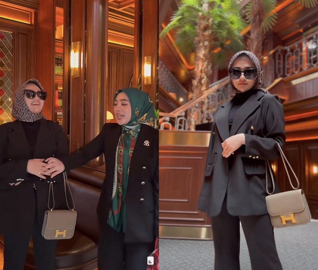 Anggota arisan Lady Boss berikutnya yang harga outfitnya ditebak Shella adalah pemilik brand hijab Lasabelle Official, Melisa Etna Tiara. Shella memperkirakan harga outfit Melisa sekitar Rp 350 juta. Foto: Dok. TikTok @shellasaukia.