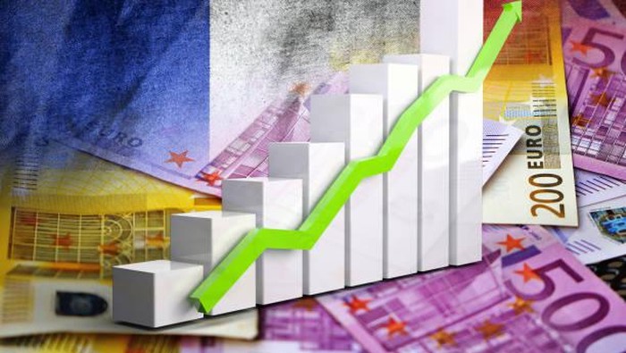 Economy chart: Rising Arrow, France Flag and Euro Banknotes