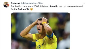 Meme reaksi kaget nama Ronaldo tidak masuk dalam daftar Ballon dOr 2023. Foto: Twitter