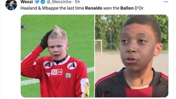 Meme Ronaldo terakhir dapat Ballon dOr saat Haaland dan Mbappe masih cilik. Foto: Twitter