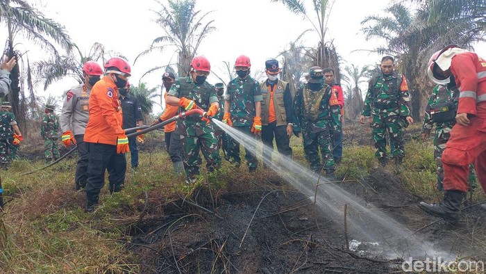 Kasad Jenderal TNI Dudung melakukan penyiraman sisa titik api bekas lahan terbakar di Muaro Jambi.