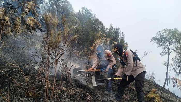 Petugas gabungan dari Polsek Singosari dan Polsek Lawang saat upaya pemadaman kebakaran Gunung Arjuno.