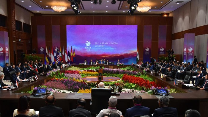PM India Narendra Modi Puji Kepemimpinan Jokowi di ASEAN ASEAN-India Summit ke-20 yang merupakan rangkaian KTT ASEAN berlangsung di JCC, Senayan, Jakarta, Kamis (7/9/2023). Perdana Menteri (PM) India Narendra Modi memuji kecakapan Presiden Joko Widodo (Jokowi) dalam memimpin ASEAN.
