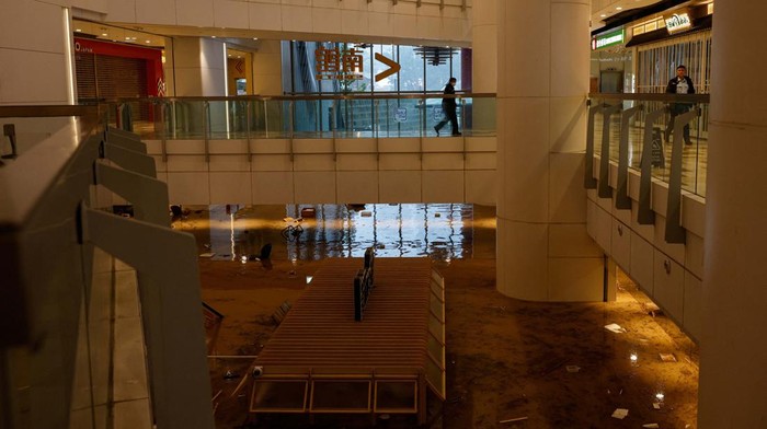 A view of a flooded shopping complex after heavy rains, in Hong Kong, China, September 8, 2023. REUTERS/Tyrone Siu