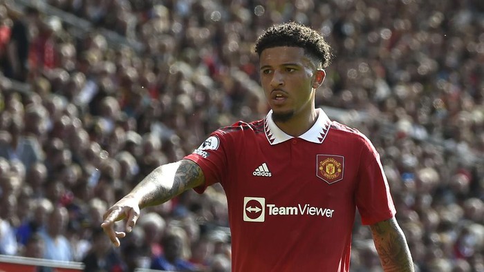 Manchester Uniteds Jadon Sancho during the English Premier League soccer match between Manchester United and Fulham at Old Trafford in Manchester, England, Sunday, May 28, 2023. (AP Photo/Rui Vieira)