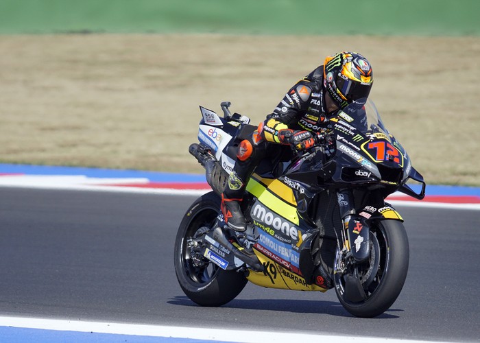 Italys Marco Bezzecchi steers his Ducati during free practice for the San Marino MotoGP race in Misano Adriatico, Italy, Friday, Sept. 8, 2023. (Alessandro La Rocca/LaPresse via AP)