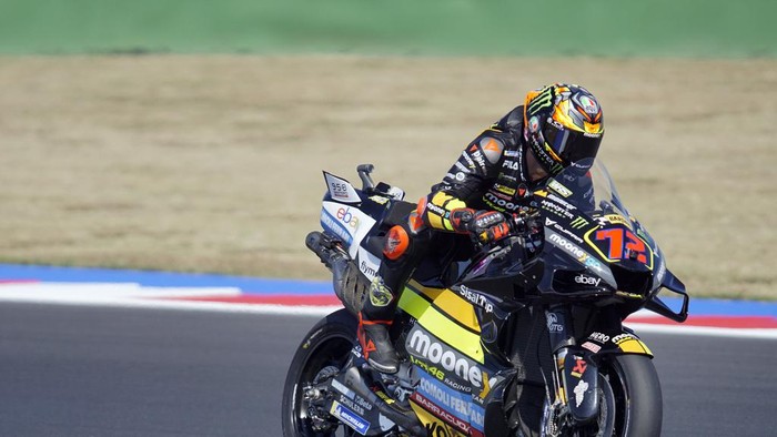 Italys Marco Bezzecchi steers his Ducati during free practice for the San Marino MotoGP race in Misano Adriatico, Italy, Friday, Sept. 8, 2023. (Alessandro La Rocca/LaPresse via AP)