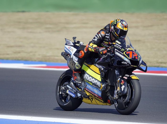 Italys Marco Bezzecchi steers his Ducati during free practice for the San Marino MotoGP race in Misano Adriatico, Italy, Friday, Sept. 8, 2023. (Alessandro La Rocca/LaPresse via AP)